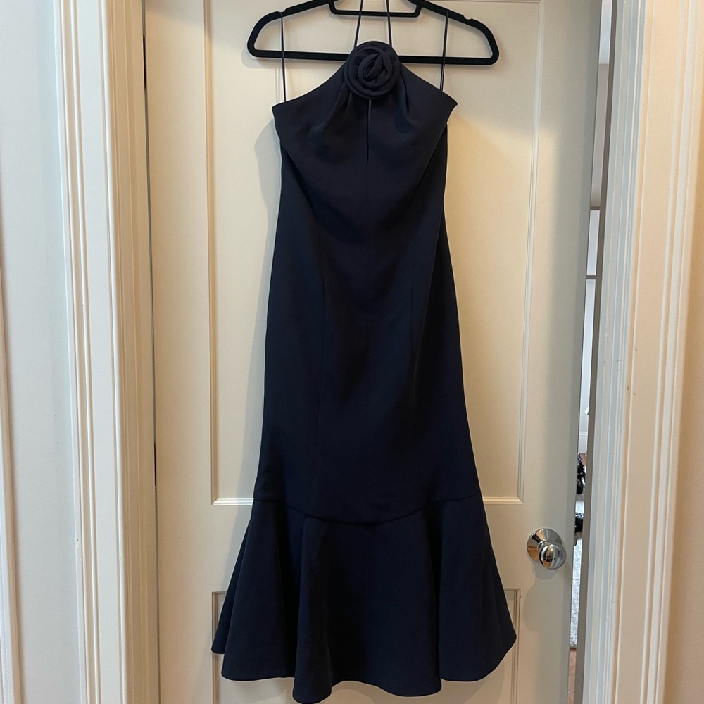 Cinq a Sept Navy Halter Dress with Rosette Detail